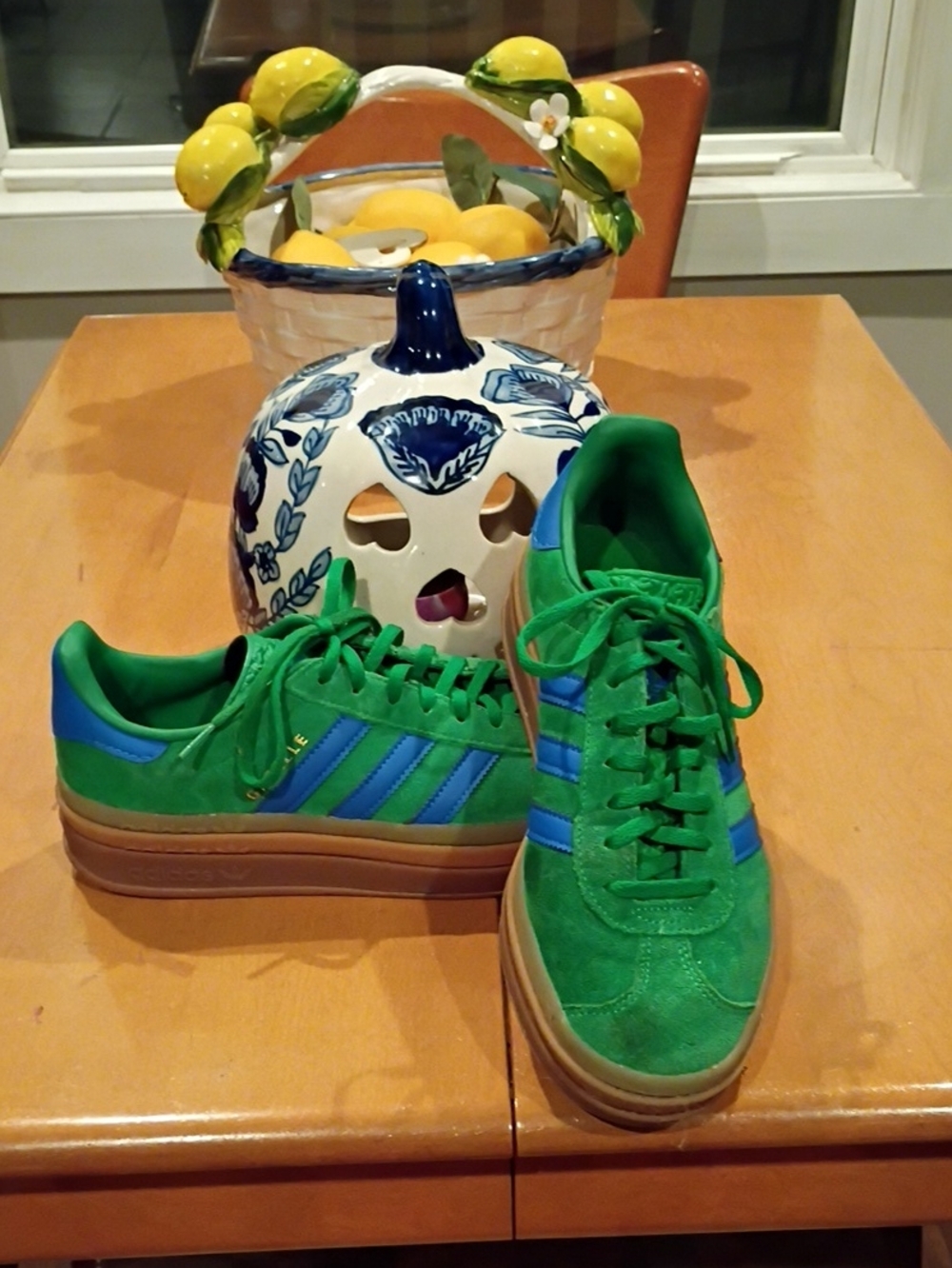 adidas Green Suede Sneakers with Blue Stripes and Gum Sole